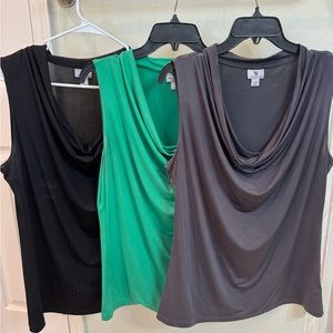 Set of 3 drape neck ladies’ sleeveless tops - black, green & gray Size L